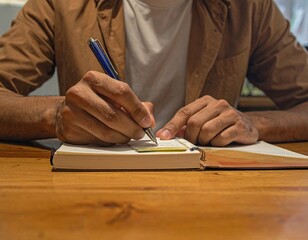 Person Writing in Notebook at Wooden Table