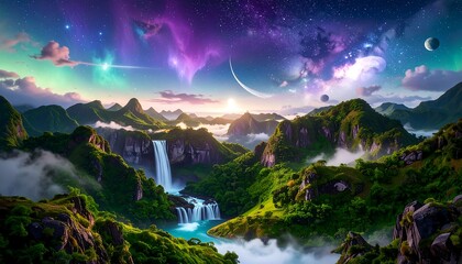 Ethereal dreamscape of a lost paradise valley with waterfalls under a spectacular cosmic and celestial sky