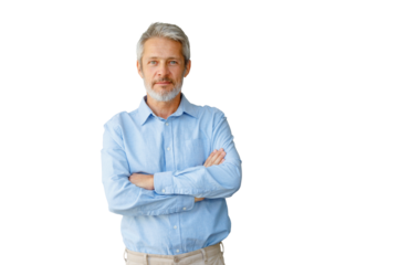 Confident mature man with grey hair and beard posing with crossing arms, showing expertise, transparent background
