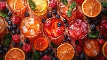 Refreshing fruit iced tea summer drinks, wooden background, top view, advertisement