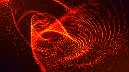 Neon fire background with dots and particles, textured line tunnel, wave spiral, orange energy cosmos, LED strip design for technology, business and presentations.