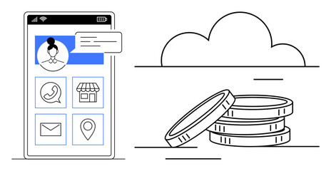 Mobile screen with user profile, app icons, coins, and a cloud symbol. Ideal for online payment, digital wallet, e-commerce, mobile apps, technology financial planning simple flat metaphor
