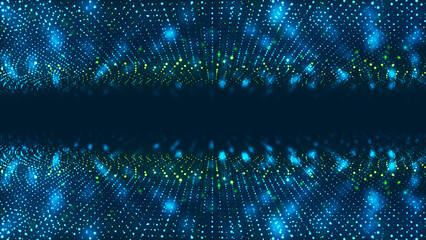 Neon blue dotted frame background with particle matter, portal to black hole, chaotic molecule waves, Milky Way, digital field banner for technology, advertising and presentations.