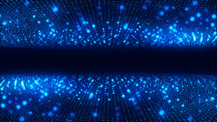 Neon blue dotted frame background with particle matter, portal to black hole, chaotic molecule waves, Milky Way, digital field banner for technology, advertising and presentations.