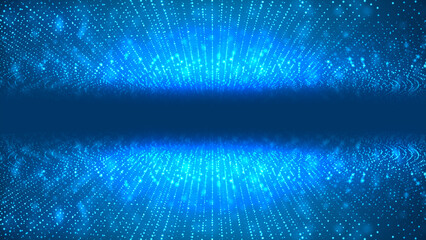 Neon blue dotted frame background with particle matter, portal to black hole, chaotic molecule waves, Milky Way, digital field banner for technology, advertising and presentations.