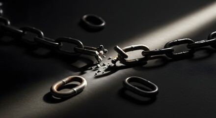 Simple conceptual image of broken metal chain links representing liberation