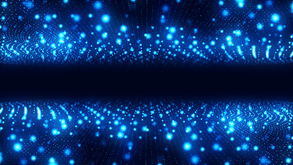 Neon blue dotted frame background with particle matter, portal to black hole, chaotic molecule waves, Milky Way, digital field banner for technology, advertising and presentations.