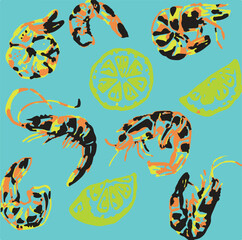 Shrimp, Prawn, Lemon, Watercolor, Illustration, Hand-Painted, Food Art, Seafood, Citrus,