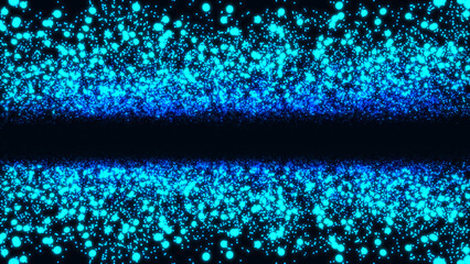 Neon blue dotted frame background with particle matter, portal to black hole, chaotic molecule waves, Milky Way, digital field banner for technology, advertising and presentations.