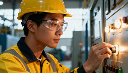 Young male engineer in protective gear operating industrial control panel in factory, focused on electrical safety and precision tasks