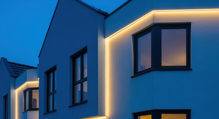 Modern minimalistic house exterior illuminated by warm led strip lights at dusk with geometric architectural design and large windows