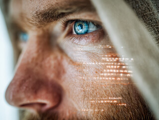Intense icy blue eye of a man wrapped in a hood with digital code projection reflecting on his skin, symbolizing futuristic technology and human focus