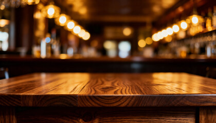 Polished wooden table in cozy ambient bar interior with glowing warm lights and blurred background of shelves and seating