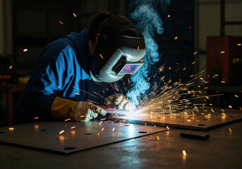 Industrial welder at work wearing protective gear, welding metal sheets in factory, sparks and smoke illuminating manufacturing