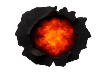 Burning explosion ripping through dark paper, symbolizing danger, crisis, energy, or a destructive event with transparent background