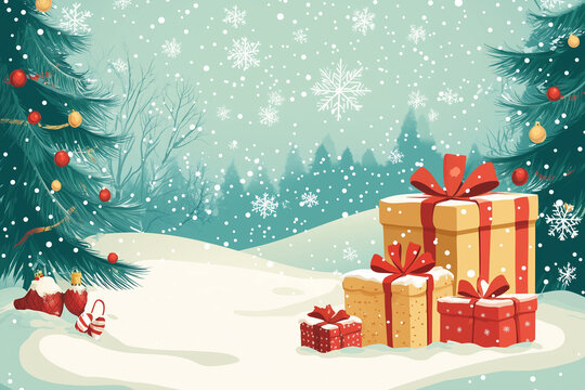 christmas tree with gifts and snowflakes