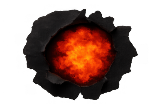 Burning explosion ripping through dark paper, symbolizing danger, crisis, energy, or a destructive event with transparent background - Powered by Adobe