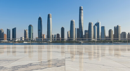 Obraz premium Modern city skyline with glass skyscrapers reflecting against clear blue sky and marble terrace in urban business district