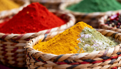 Fototapeta premium Colorful piles of vibrant spices in woven baskets highlighting fresh turmeric, chili powder, herbs, and culinary diversity