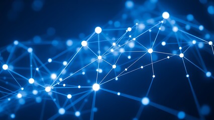 Abstract digital network with glowing blue and white nodes, illustrating connectivity and technology.