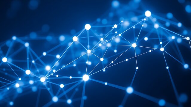 Abstract digital network with glowing blue and white nodes, illustrating connectivity and technology.