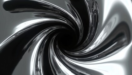 Abstract monochrome vortex with swirling silver metal and black center. Shiny fluid like texture forms curved lines and circles creating optical illusion.
