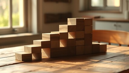 Wooden blocks forming an abstract staircase bathed in warm morning sunlight.