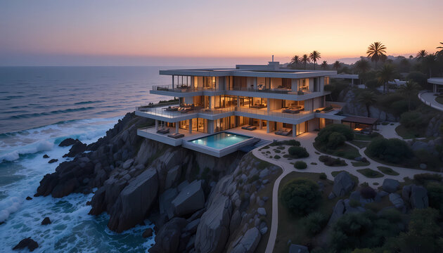 Luxury villa perched on a cliff overlooking the ocean at sunset, showcasing modern architecture