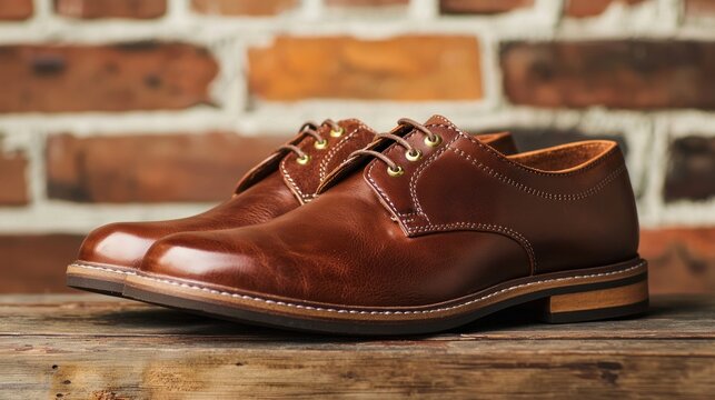 Polished brown leather men's shoes on wood.