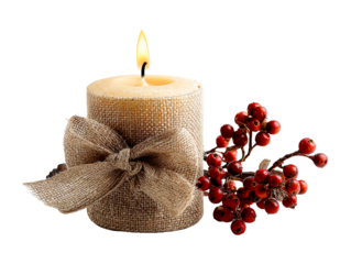 Burlap-wrapped candle with burning flame and red berries , isolated on transparent cutout background

