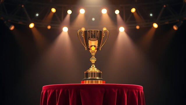A golden trophy displayed on a velvet podium with dramatic award ceremony lighting.