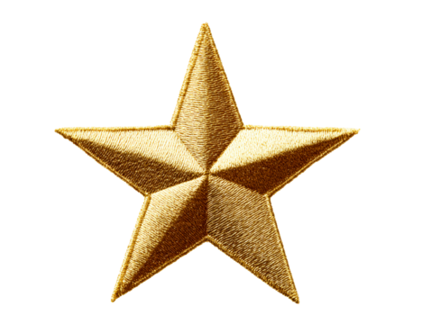 Golden five-pointed star embroidered patch , isolated on transparent cutout background

