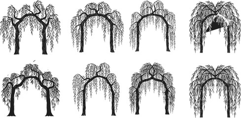 PrintWillow tree arch silhouette collection, garden landscape design elements, natural archway illustrations, botanical nature art, black and white trees, vector set