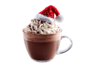 Festive Hot Chocolate with Whipped Cream and Santa Hat , isolated on transparent cutout background

