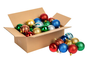A cardboard box overflowing with colorful christmas ornaments scattered around isolated on transparent background