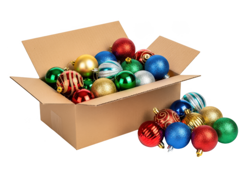 A cardboard box overflowing with colorful christmas ornaments scattered around isolated on transparent background