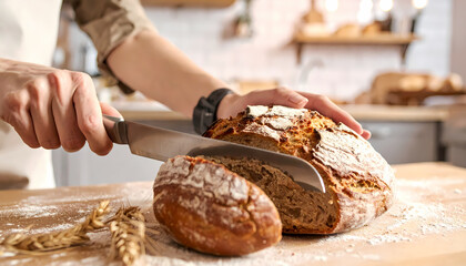 A person slices a loaf of dark, crusty bread on a floured wooden cutting board, with wheat stalks nearby in a bright kitchen setting.