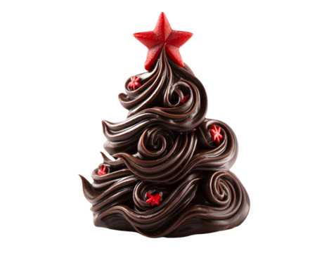 Chocolate dessert shaped like a Christmas tree with red star topping , isolated on transparent cutout background


