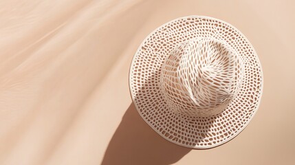 Geometric pattern hat on beige background, fashion accessory style, soft light highlights texture details, ample negative space, suitable for fashion posters, design materials and accessory-themed 