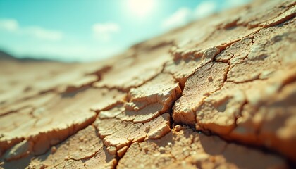 Fototapeta premium Close-up of cracked dry ground surface texture in desert landscape showing drought and global warming effects.