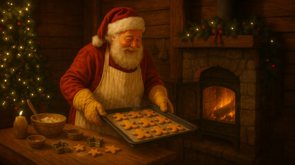 オーブンから焼きたてクッキーを取り出すサンタ/Santa Claus Baking Ginger Cookies by the Fireplace Generative AI