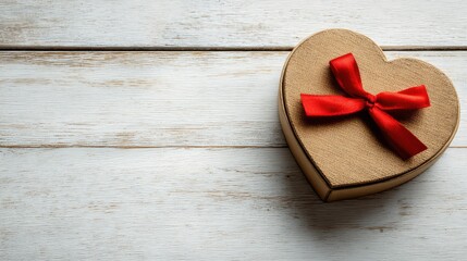 Valentines day heart shaped red gift with white bow on beige background. Top view. Greeting card.