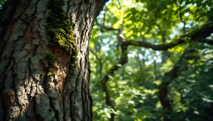 Obraz premium Tall forest tree with textured bark surrounded by lush green foliage under natural sunlight.