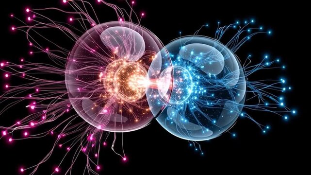 The Cosmic Connection: The image captures an electrifying, interdimensional encounter of two radiant spheres of energy, coalescing in a symphony of light and connection.