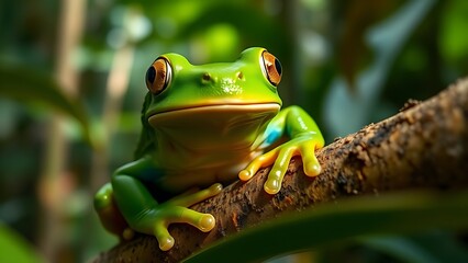 A vibrant green tree frog in its natural tropical forest habitat.