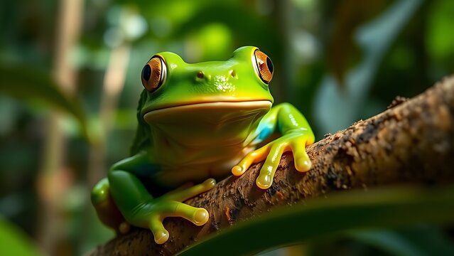 A vibrant green tree frog in its natural tropical forest habitat.