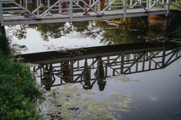A scenic view capturing individuals standing on a bridge with their reflection in calm water, surrounded by lush greenery, evoking a sense of peace and harmony in nature.