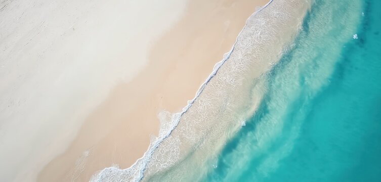 Aerial view of turquoise sea and white sand beach. Waves wash ashore on tropical coast. Paradise scenic seascape view. Summer vacation holiday at sea resort shoreline.