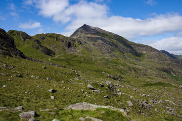 Mount Snowdon landscape with sky, Snowdonia National Park in the Summer, North Wales, UK