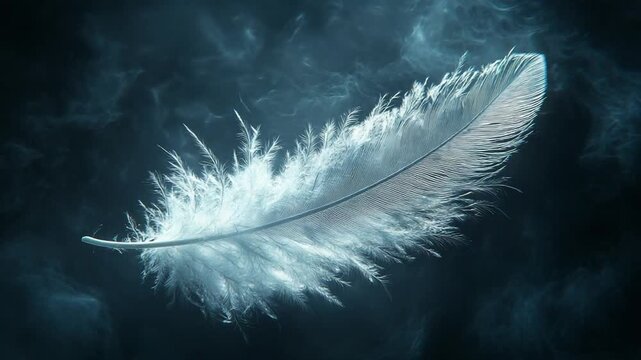 Ethereal feather floating amidst a misty backdrop